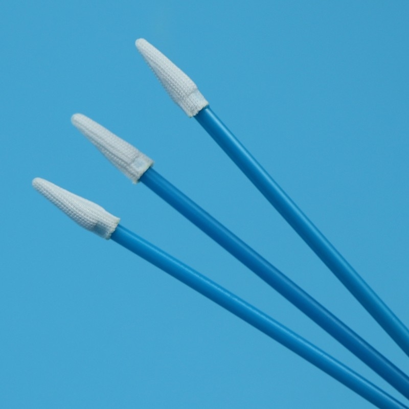 Swab de pointe en polyester tricoté à double couche sans lingot, petit swab de salle blanche pointu avec poignée bleue